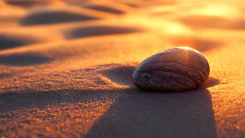 Sunlit striped beach stone on golden sand at low angle