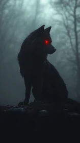 Black wolf with glowing red eye in dense haunted fog.