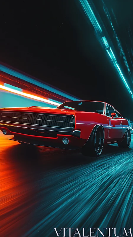 Red muscle car races through neon tunnel with motion blur