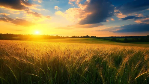 Sunlit cereal field with distant treeline and clouded sky.
