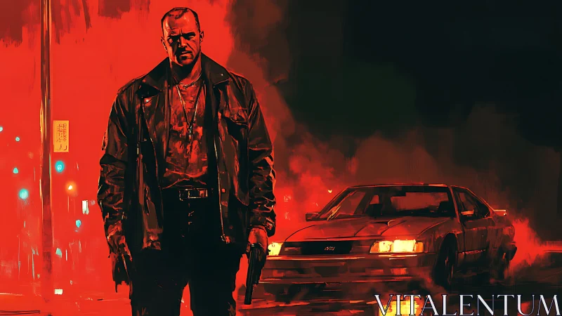 Tough armed man in red lit street beside smoking car.