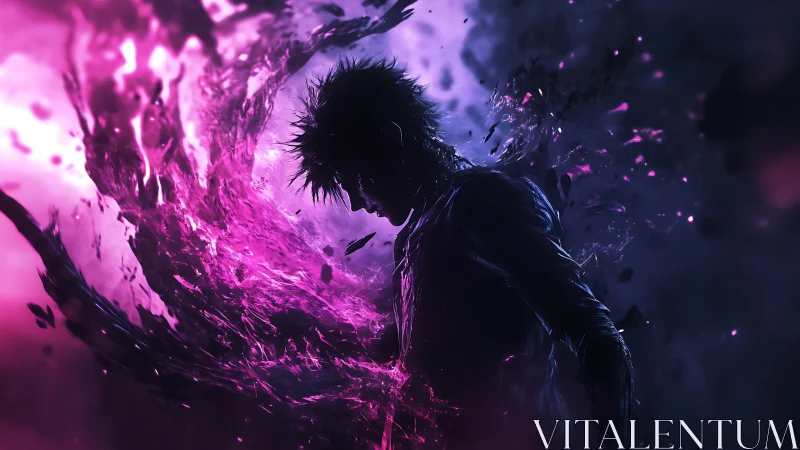 Dark silhouette engulfed by swirling neon energy storm.