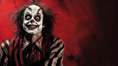 Grim clown portrait against red textured studio backdrop.