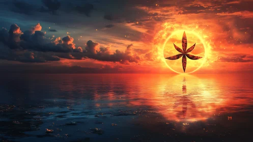 Geometric sun emblem above reflective ocean horizon.