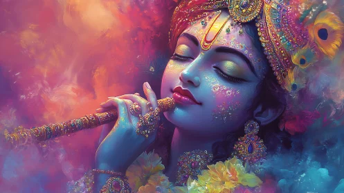 Chromatic deity portrait with jeweled flute and spectral haze.