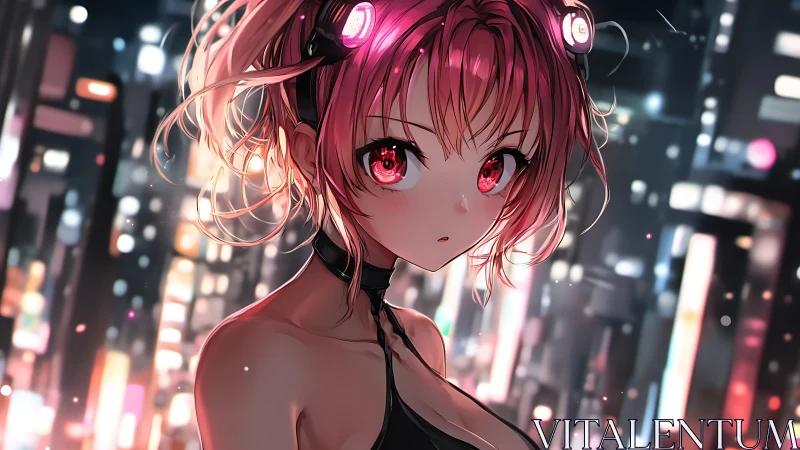 Cyberpunk anime girl with neon headset in city nightscape.