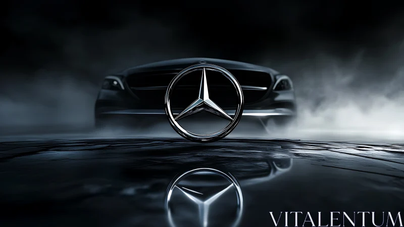 Chrome car emblem dominates moody fog-lit automotive scene.