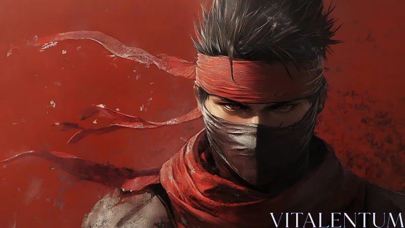 Scarlet wind warrior holding storm-quiet eyes and secrets.