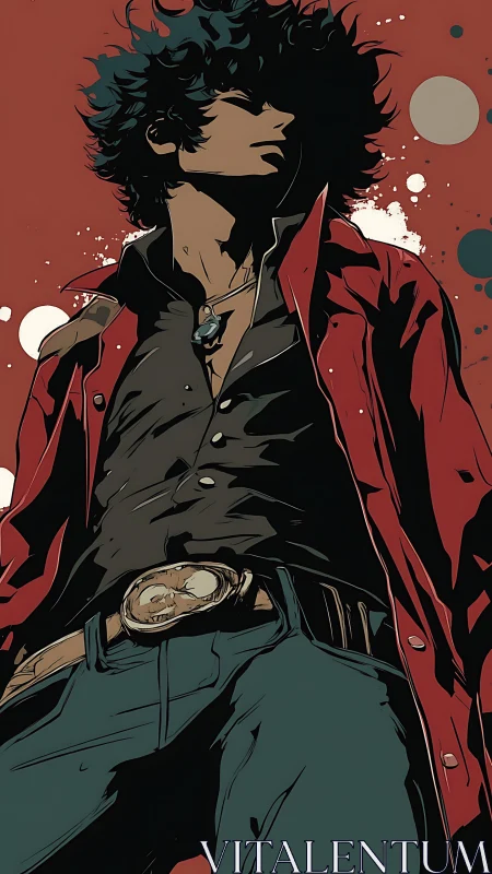 Stylized rebel stands under bold graphic sky in profile