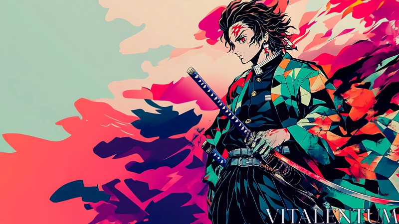 Anime warrior portrait with prismatic cloak and dynamic bokeh field.