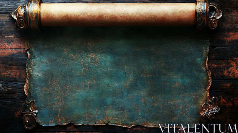 Ornate vintage scroll displays blank patinated teal parchment
