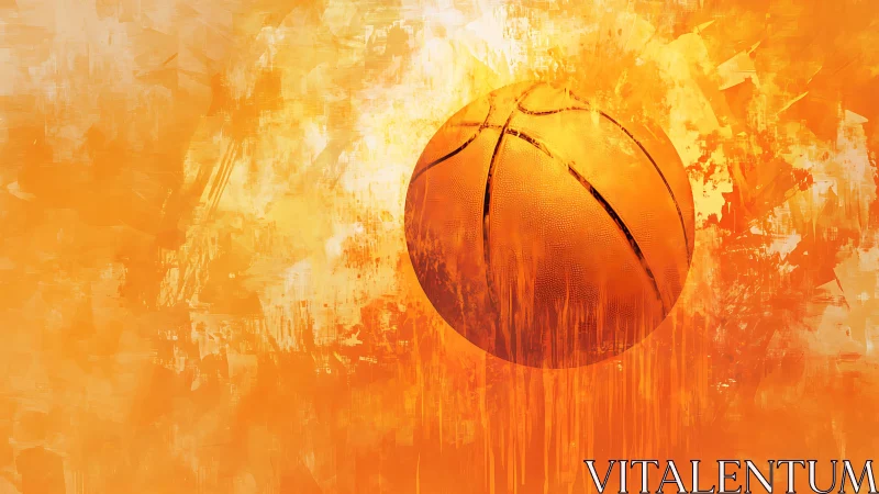 Glowing basketball floats in fiery orange abstract haze