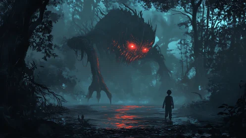 Bioluminescent forest wraith confronting child at flooded clearing