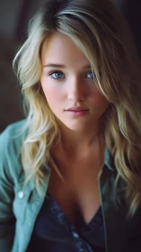 Soft-lit gaze of a golden-haired girl in quiet focus.