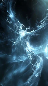 Luminous blue energy phoenix swirls through a dark void