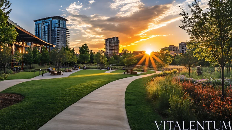 Sunset strollway weaving through radiant urban garden glow.
