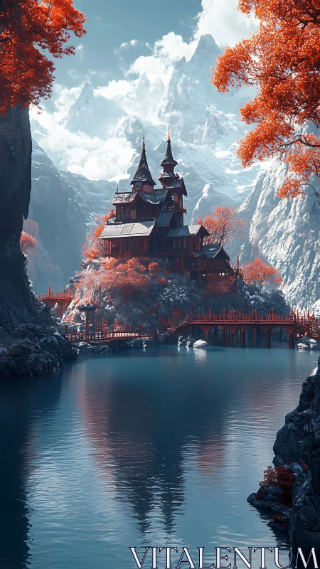 Mountain lake temple complex stands amid red autumn trees