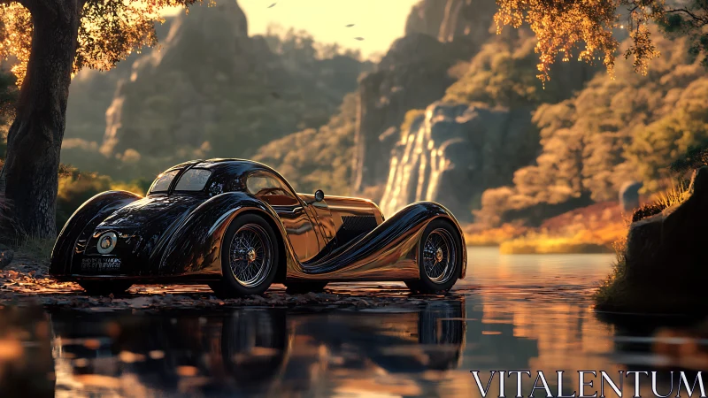 Curved black vintage coupé beside luminous autumn river.