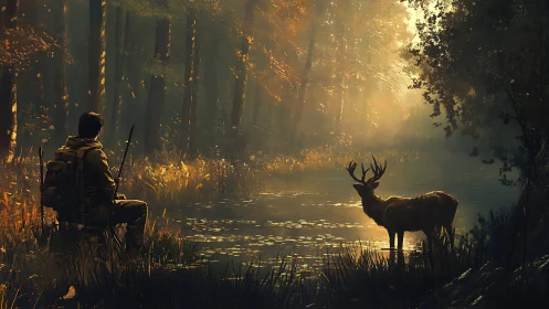 Hunter and stag facing each other at a misty forest river.