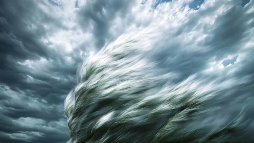 Storm sky over windblown grass rendered in surreal motion.