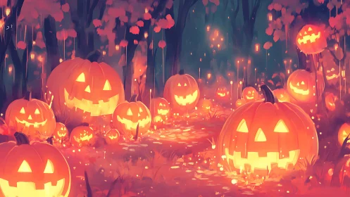 Glowing jack-o-lantern forest trail sparkles with Halloween magic