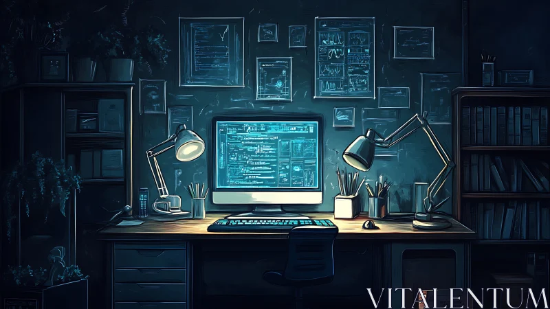 Moody coder workspace with glowing monitor and blue light.