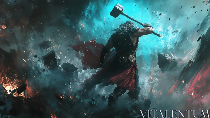 Warrior with hammer striking in storm of fire and lightning.