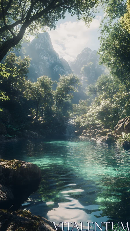 Sunlit forest lagoon mirrors misty mountains beyond.