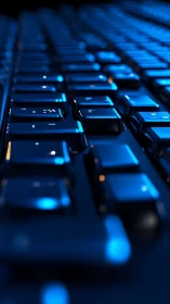 Mechanical keyboard keys in blue light, close angle view.