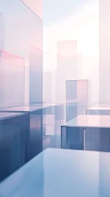 Glass cityscape rises in soft pastel dawn light.