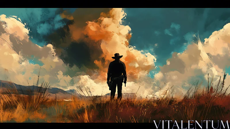 Lone gunslinger melts into thunderhead skies at dusk
