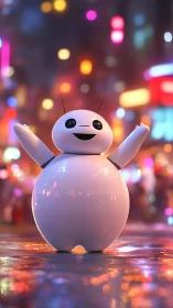Cheerful round robot under neon city bokeh lights.