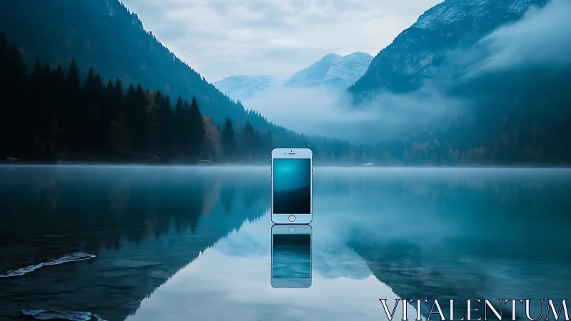 Smartphone centered on misty mountain lake with reflections.