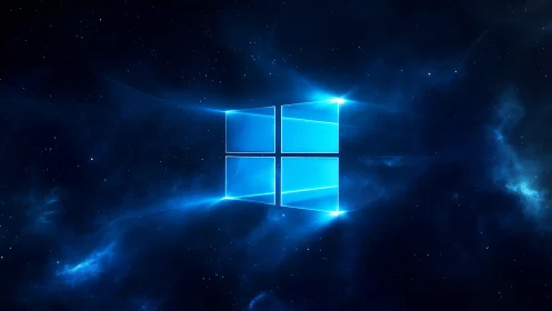Glowing blue window logo floats in a stylized starfield