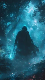 Hooded spectral wanderer in bioluminescent misted forest.