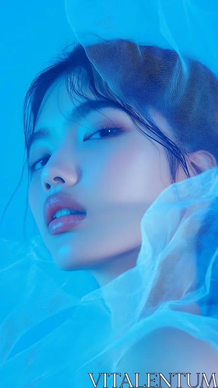 Close portrait of female face in monochrome blue lighting.