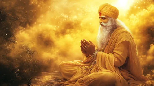 Golden robed sage meditates in radiant celestial light