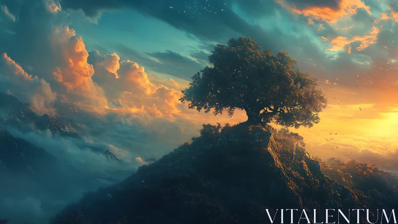 Solitary hilltop tree glows against a storm-bright sunset sky