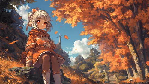 Autumn forest path with seated anime girl in orange cloak