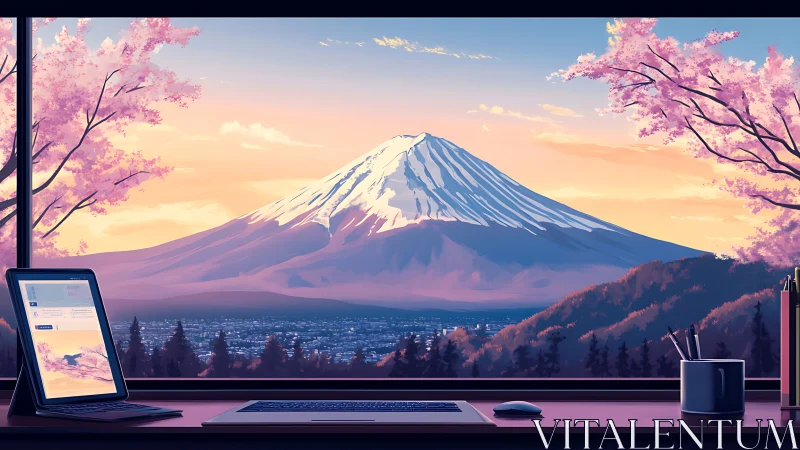 Workspace interior facing Mount Fuji with digital devices.