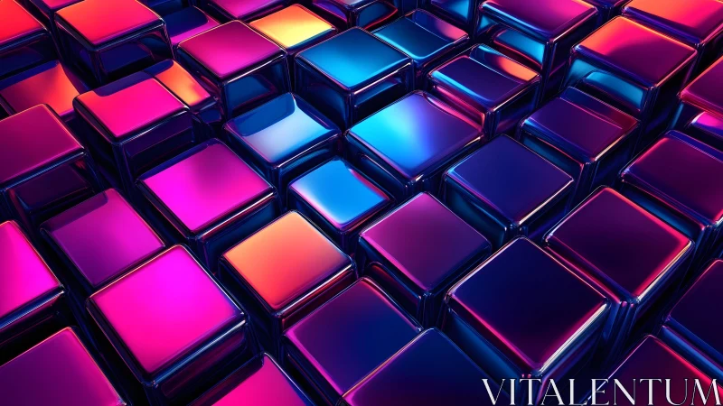 Chromatic metallic cubes form seamless neon geometric landscape