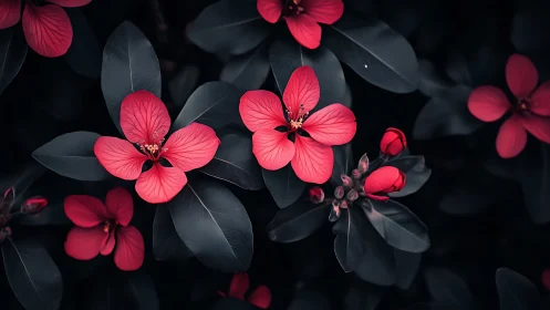 Vibrant Red Flowers Against Deep Black Foliage.