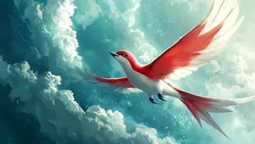 Red and white bird soaring through bright teal sky clouds.