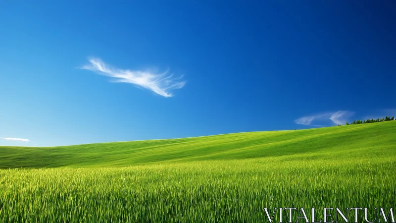 Vivid rolling grassland under deep cobalt sky panorama.