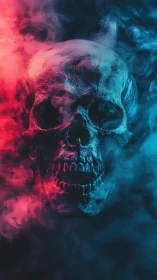 Neon-lit skull rising through swirling red and blue smoke.