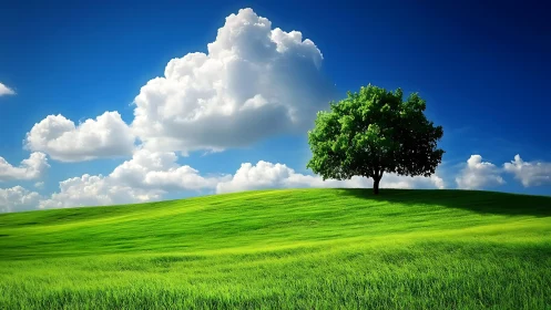 Solitary summer tree crowned by drifting cloud kingdoms.