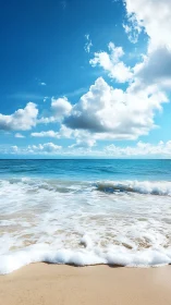 Coastal shoreline with waves, sand, and cumulus cloud sky.