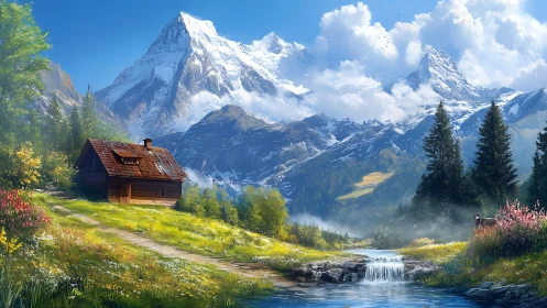 Mountain valley landscape with cabin, stream, and cattle.