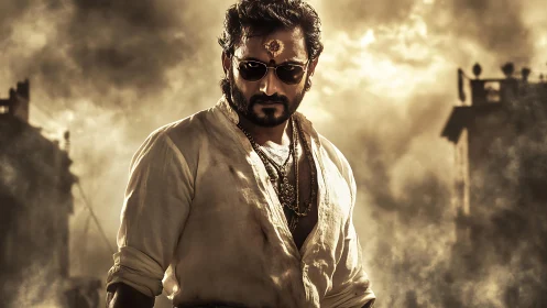 Intense man in sunglasses stands in smoky golden street.