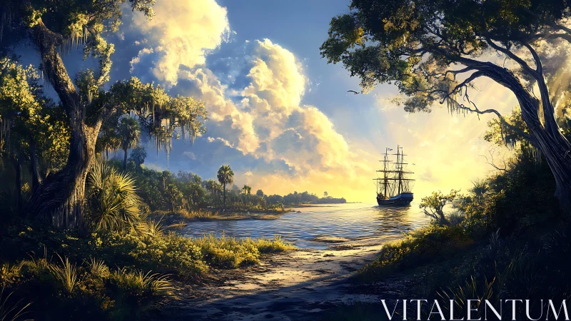 Colonial Era Ship Framed by Ancient Trees Along Tropical Waterway.